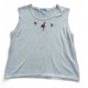 Beige Tank Top with Flamingo Embroidery and Cardigan